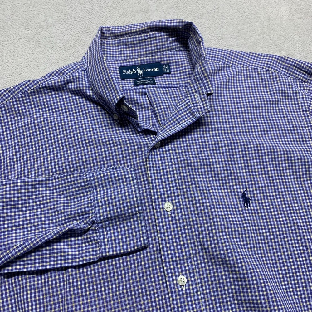 VTG Ralph Lauren YARMOUTH Mens 16 35 Tattersall Check Button Down Shirt‎ Blue